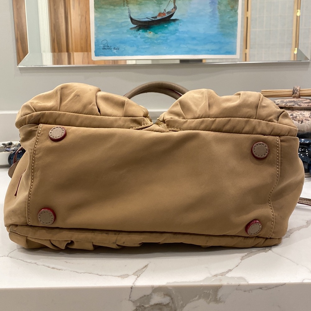 MZ Wallace Leather Trimmed Nylon Shoulder Bag, Tan/Burgandy-Edged GUC - Picture 17 of 17
